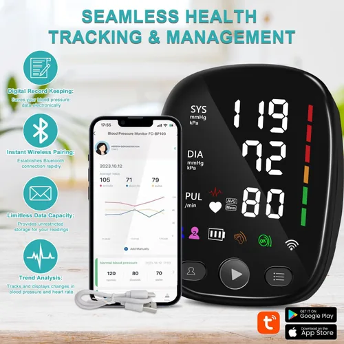 Vista 2 de Monitor de Presión Arterial Bluetooth Automático para Uso Doméstico - con Brazalete Ajustable para Brazo Superior Grande (8.7"-17.3"), Seguimiento