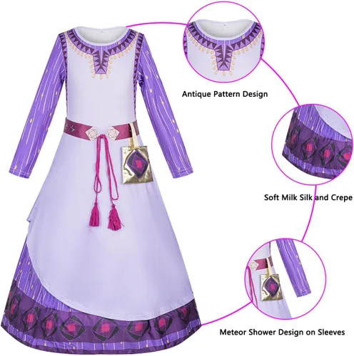 Vista 4 de Wish Asha - Disfraz para niñas, vestido de princesa cosplay con aretes de cinturón para fiesta de cumpleaños de Navidad
