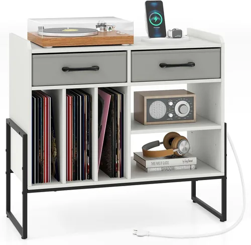 Vista 11 de Giantex Soporte grande para tocadiscos con estación de carga, moderno soporte giratorio con 2 cajones de tela y estante ajustable, mesa