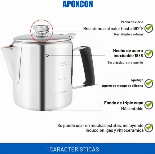 Vista 4 de Cafetera Percoladora Multiuso de Acero Inoxidable para Estufa con Dos Perillas de Vidrio Borosilicato Resistente Mango de Sílice Cafetera
