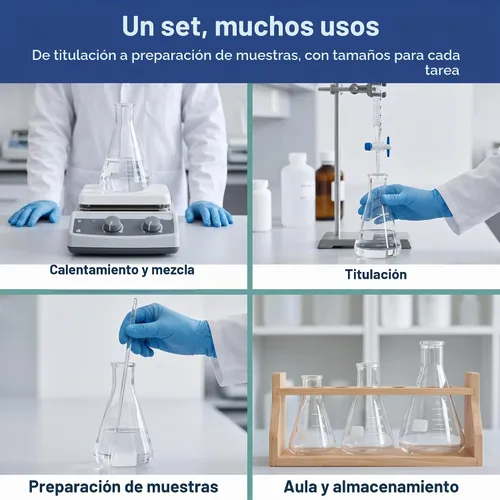 Vista 5 de Juego de matraces Erlenmeyer de vidrio de boca estrecha (FGSET3) - 3 tamaños - 50, 150 y 250ml, United Scientific