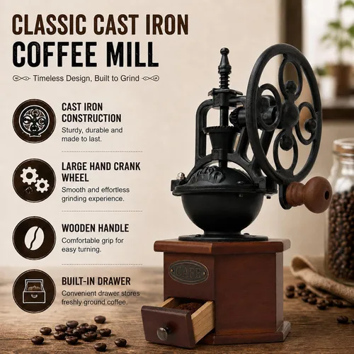 Vista 3 de Molino manual de granos de café, molino de café, manual con manivela de rueda de hierro y cuerpo de madera, molinillo de café de cerámica para uso