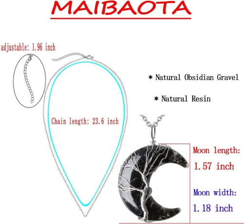 Vista 5 de MAIBAOTA Collar de Cristal Curativo, Collar de Luna Creciente con Árbol de la Vida envuelto en alambre, Collares con Colgante de Piedra Natural