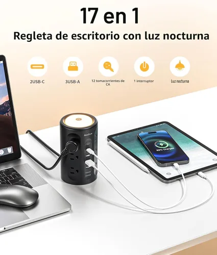 Vista 2 de Torre de tira de alimentación AnnTane con luz nocturna, tira de alimentación con protector de sobretensiones y puertos USB, cable de extensión de 10