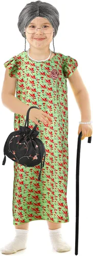 Vista 5 de Yingzhao 20 Pcs Halloween Old Lady Costume Grandma Granny Wig Dress Wrinkle Tattoos Wig with Rollers Cane Glasses Chain Cord Necklace