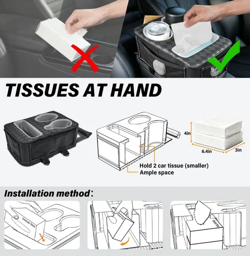Vista 5 de Portavasos de Consola Central, Caja de Almacenamiento Universal para Reposabrazos de Automóvil con Portabotellas y Ranura para Pañuelos y Bolsillos