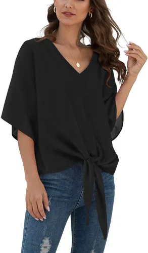 Vista 58 de VIISHOW Womens Tie Front Chiffon Blouses V Neck Batwing Short Sleeve Summer Tops Shirts Albaricoque