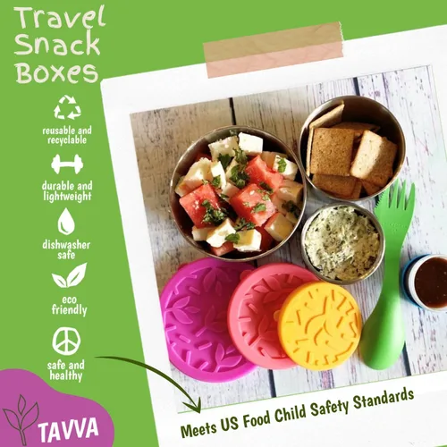 Vista 3 de TAVVA Recipientes de acero inoxidable para niños [12 onzas/7 onzas/3 onzas] – A prueba de fugas con tapas de silicona, lonchera para niños, lonchera