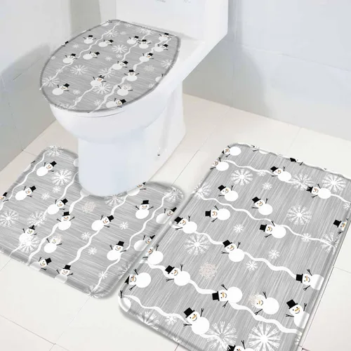 Vista 4 de Juego de 3 alfombras de baño de Feliz Navidad, diseño de muñeco de nieve, copo de nieve, gris nieve, absorbente, antideslizante, tapete