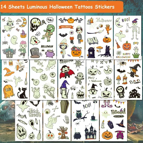 Vista 2 de CHARLENT Tatuajes temporales luminosos de Halloween para suministros de fiesta de niños, 120 estilos que brillan en la oscuridad de Halloween