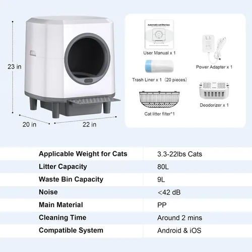 Vista 10 de Caja de arena automática, caja de arena autolimpiante, gran capacidad de 90 litros con control de aplicación, control de olores, bolsa de basura