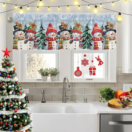 Vista 6 de Cenefa de Navidad para ventanas, cortinas de muñeco de nieve, cenefas con bolsillo para barra, tratamientos de ventana, cortinas cortas azules