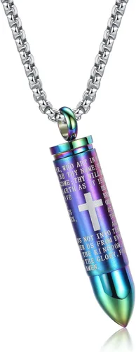Vista 12 de Collar de acero inoxidable con forma de urna para cenizas con dije en forma de bala, oración del padrenuestro, collar para hombres, urna para Cadena