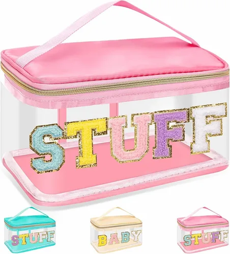 Vista 13 de izuzta Bolsas de maquillaje transparentes con letras de chenilla, bolsa de maquillaje de parche preppy con asa