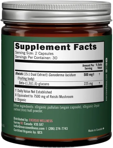 Vista 2 de Cápsulas Reishi orgánicas – Extracto dual 15:1, 45% beta-glucanos – Suplemento de hongos corporales fructíferos para el estrés, el sueño y el apoyo