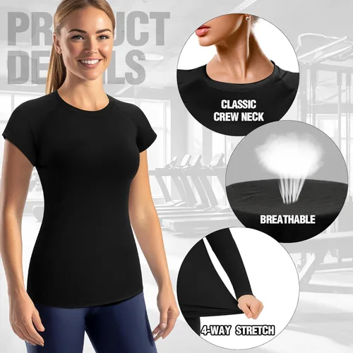 Vista 3 de Coume Paquete de 4 camisetas de compresión para mujer, de manga corta, para entrenamiento, correr, atletismo, yoga, gimnasio, equipo deportivo