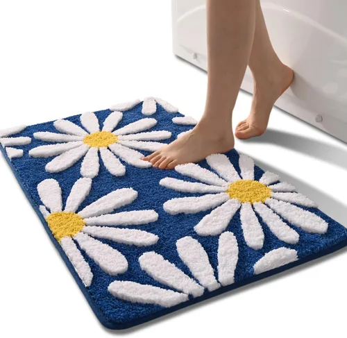 Vista 24 de QJHOMO Alfombra de baño beige con diseño de margaritas, decoración de flores blancas y amarillas, alfombra antideslizante de microfibra, súper