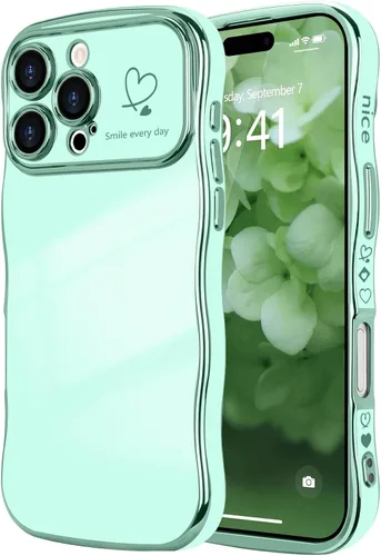 Vista 127 de LCHULLE - Funda para iPhone Air, linda para mujeres y niñas, con forma de onda, color azul bebé Luxury Plating Curly Wavy Frame with Love Heart