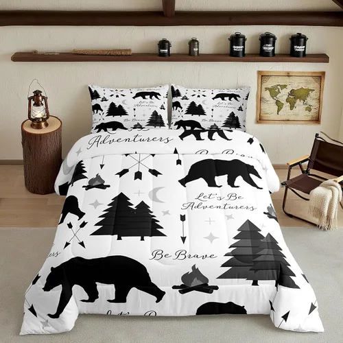 Vista 30 de Juego de ropa de cama Happy Camping de Homewish, tamaño individual, con diseño de osos cazadores y pinos, para niños, hombres, adultos, decoración