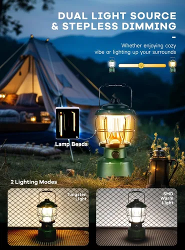 Vista 2 de Linterna LED para campamento, linterna recargable vintage regulable de 2500 lúmenes, resistente al agua, luces de emergencia portátiles