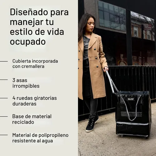 Vista 5 de (Mediano, Negro) Bolsa de Comestibles Reutilizable con Ruedas, Carrito de Compras, Bolsa Rodante, Cierre con Cremallera, Ligera, Soporta Hasta 66