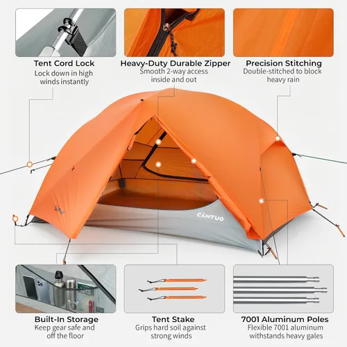 Vista 7 de CANTUO 2/3 persona mochilero tienda 4 temporada con huella 20D ultraligero 4.12 libras 157.480 in impermeable y resistente al viento tiendas