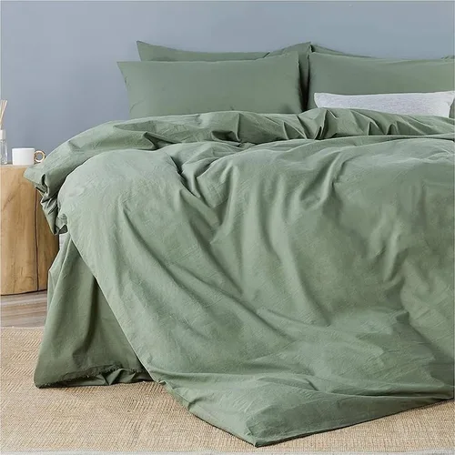 Vista 2 de INDACORIFY Funda de edredón de algodón en color verde oliva, ropa de cama bohemia 100% algodón lavado, funda de edredón tamaño Queen, funda de cama