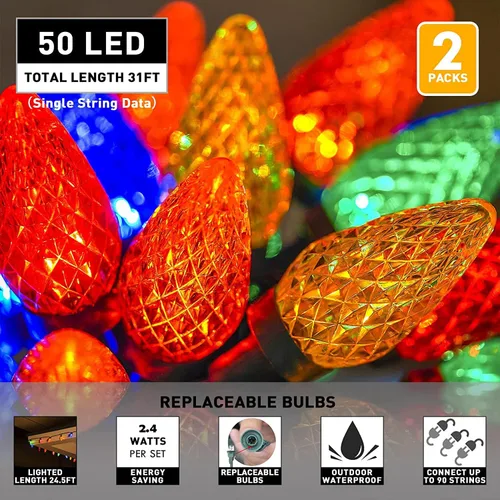 Vista 3 de PABIPABI C9 Outdoor Christmas Lights 2 Pack 31ft 50 LED String Lights Connectable Commercial Grade Outdoor Indoor Xmas Decorative Light Strand for