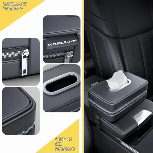 Vista 4 de Soporte para pañuelos de coche, caja de servilletas de tejido de cuero PU, caja de reposabrazos de automóvil, organizador rectangular de servilleta