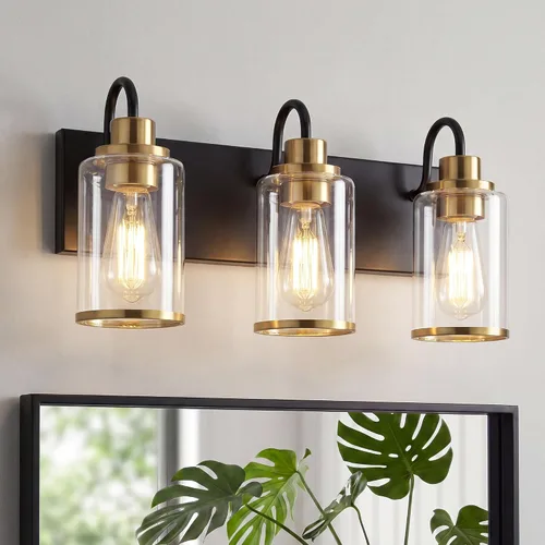 Vista 13 de Beionxii BX-VL01BG-3CG - Lámpara de tocador de baño, 3 lámparas doradas claras con pantalla de cristal transparente, accesorios de iluminación