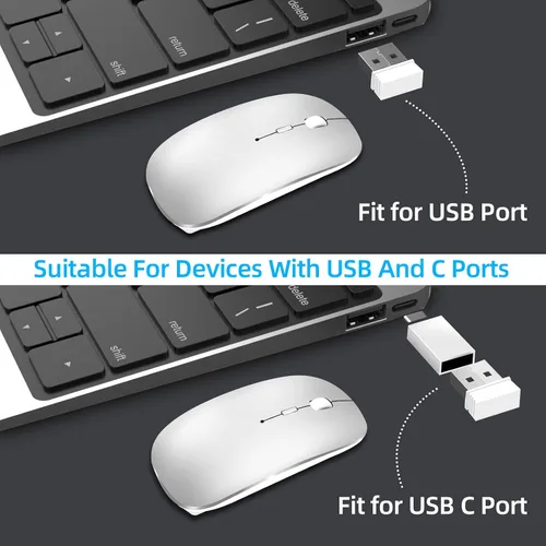 Vista 8 de Mouse inalámbrico para portátil Cpmputer, mouse Bluetooth para MacBook, color plateado Rechargeale Dual Mode (USB 2.4Ghz + Bluetooth 5.2) Ratones