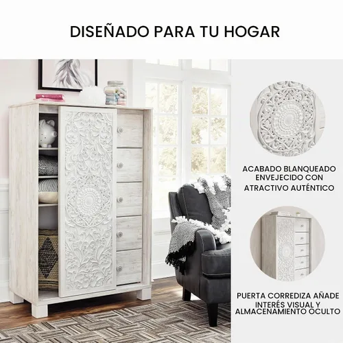 Vista 5 de Signature Design by Ashley Cómoda alta blanca para dormitorio, vestidor