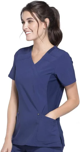 Vista 4 de Cherokee Women Mock Wrap Contemporary Fit Scrubs Top with Stretchy Knit Panel CK680