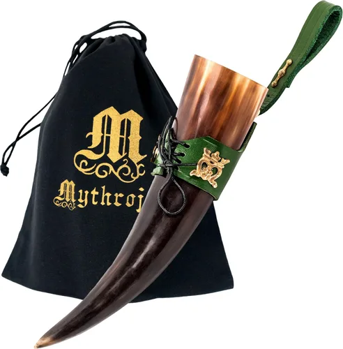 Vista 22 de Mythrojan Cuerno vikingo para beber 100% natural, auténtico, decoración de latón, cuerno nórdico con funda de cuero negro, bolsa de lona para vino
