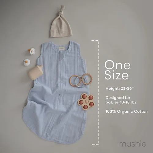 Vista 6 de mushie Manta vestible para bebé 100% muselina de algodón orgánico Saco de dormir para bebés (azul bebé)