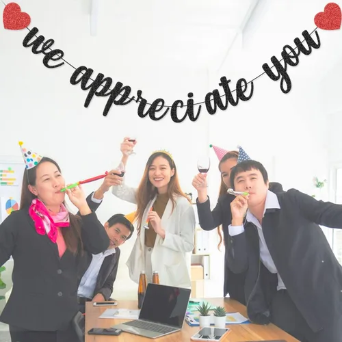 Vista 3 de Cartel con texto en inglés "We Appreciate You" con purpurina negra de agradecimiento a los empleados, maestros, doctores, enfermeras, personal