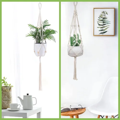 Vista 2 de Paquete de 4 macetas colgantes de macramé, hechas a mano con cuerda de algodón para interiores y exteriores con borlas, 4 estilos para colgar