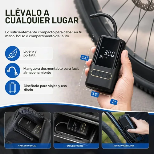 Vista 2 de Compresor de aire portátil para bicicleta: mini bomba eléctrica para neumáticos con apagado automático, compatible con múltiples válvulas, inflador