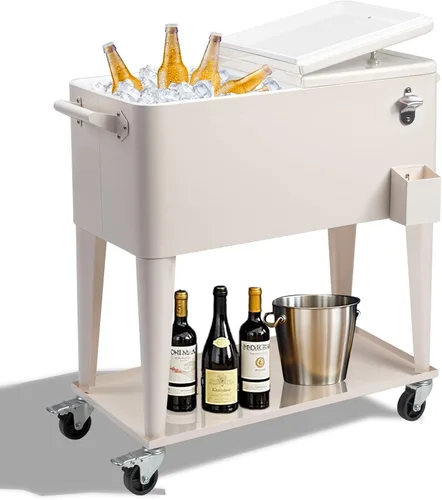 Vista 9 de Outvita Hielera Rodante de 80 Cuartos, Enfriador Portátil de Bebidas para Bar con Bandeja Colectora, Bandeja de Almacenamiento Inferior
