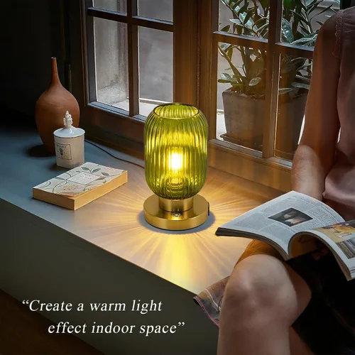 Vista 8 de Lámpara de mesa de cristal para sala de estar, lámpara de noche vintage para dormitorio, lámpara de mesa de noche regulable de 3 vías con control