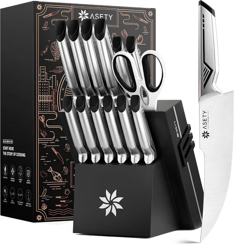 Vista 14 de ASETY Kitchen Knife Set, 15 PCS One-Piece Stainless Steel Knife Block Set Razor-Sharp Kitchen Knives, Ergonomic Non-Slip Handle for Kitchen