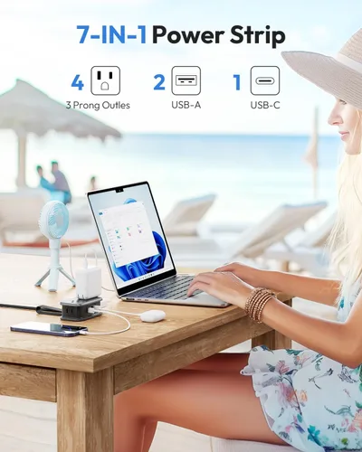 Vista 2 de NTONPOWER - Regleta de alimentación de viaje con puertos USB, enchufe plano de 4 pies envuelto alrededor de cable de extensión corto con 4 tomas, 3