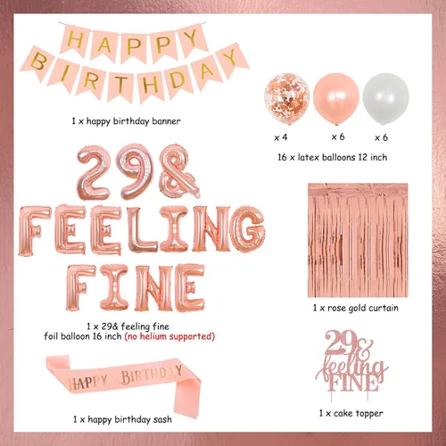 Vista 6 de Cheereveal Decoraciones de cumpleaños número 29 – Oro rosa, globos "Feeling Fine" y decoración para pastel