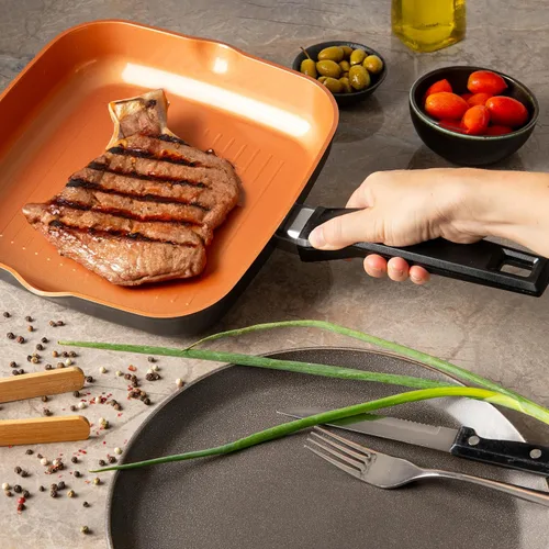 Vista 6 de Moss & Stone Sartén Cuadrada para Parrilla para Cocinar en Interiores, Sartén de Freír de 9.5 Pulgadas de Cobre Antiadherente para Saltear y Freír