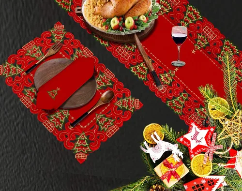Vista 4 de Grelucgo Juego de 4 manteles individuales bordados con árbol de acebo de Navidad, rectangular, 12 x 18 pulgadas