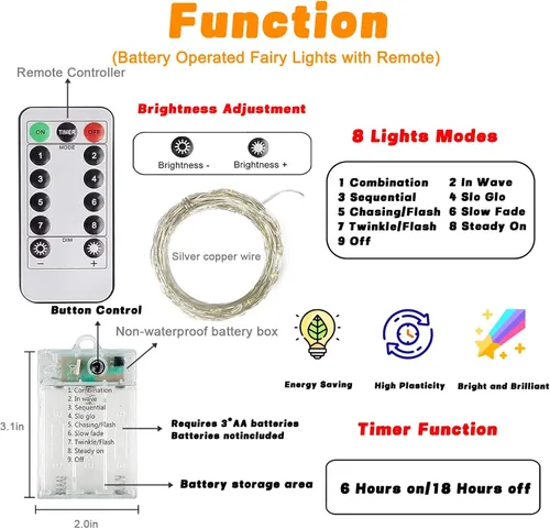 Vista 3 de BOSSERN - Guirnalda de luces de Navidad a batería, con control remoto, 60 LED, 8 modos, regulable, con temporizador y función de memoria Blanco