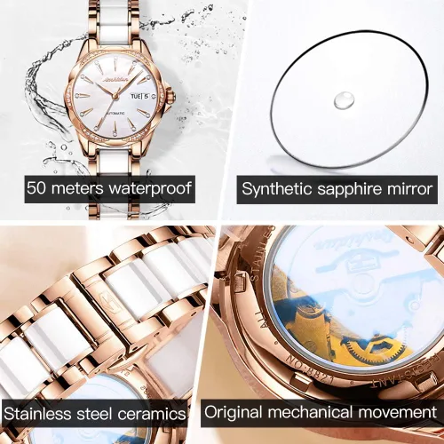 Vista 4 de OLEVS Relojes automáticos para mujer, reloj de cuerda automática para mujer, cerámica de acero inoxidable, relojes de pulsera mecánicos