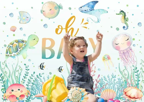 Vista 2 de Avezano Fondo para baby shower con texto en inglés "Under The Sea", para baby shower, fondo de fotografía de baby shower, decoración subacuática, 7