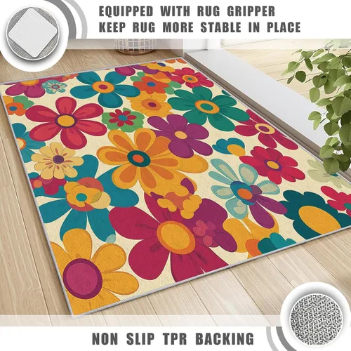 Vista 6 de Alfombra retro floral de 2 x 3 pulgadas, lavable de los años 60 y 70, alfombras hippie para entrada, dormitorio, cocina, alfombra de área de flores
