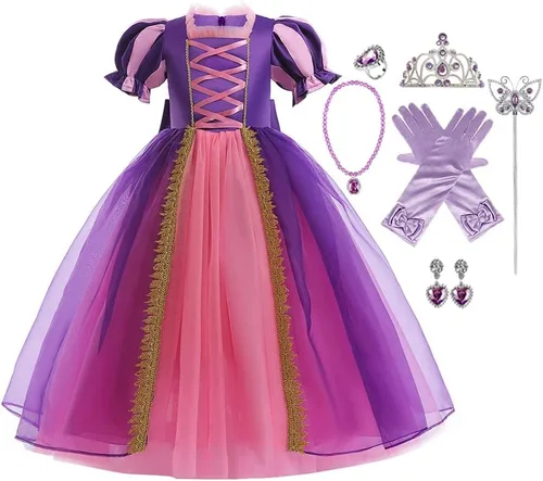 Vista 23 de Disfraz de princesa Sofía Rapunzel para niñas, disfraz de Halloween, Navidad, cumpleaños, fiesta con accesorios